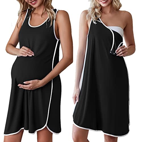 Ekouaer Labor and Delivery Gown for Hospital 3 in 1 Nursing Dress Sleeveless Maternity Snap Button Breastfeeding Nightgown