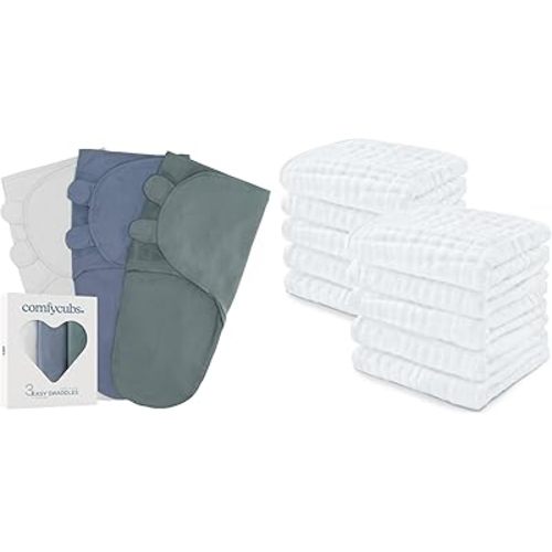 Comfy Cubs Swaddle Blanket Baby Girl Boy Easy Adjustable 3 Pack and Baby Washcloths, Muslin Cotton Towels Bundled
