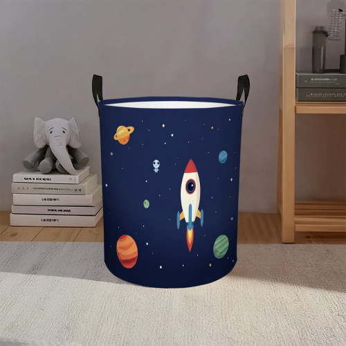 Rocket Print Collapsible Round Laundry Basket - Large Capacity Storage Bin for Dorms & Bedrooms | Space-Saving Foldable Design
