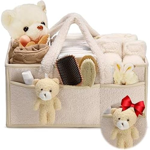 Togemvvs Baby Diaper Caddy Organizer, Baby Storage Basket for Diapers and Wipes, Portable Nappy Caddy with Bear (Ivory White)