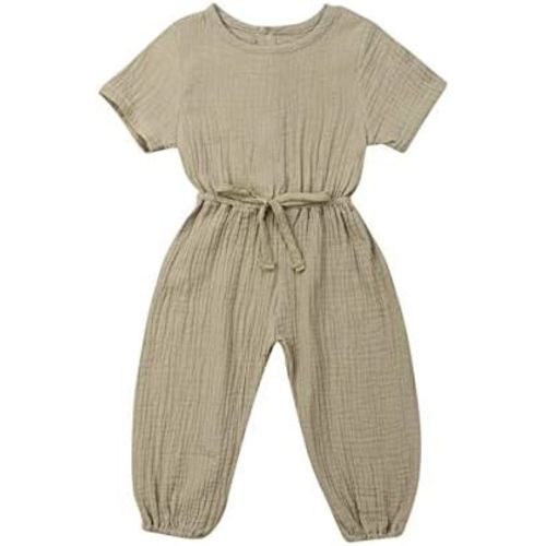 Mubineo Toddler Baby Girl Summer Fall Basic Plain Short Sleeve Cotton Linen Drawstring Romper Jumpsuit