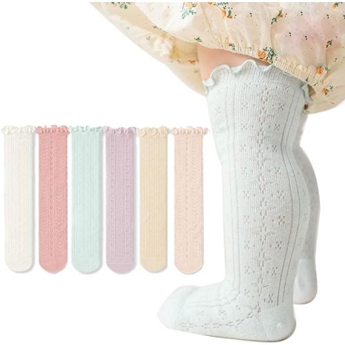 6 Pairs Baby Breathable Mesh Thigh High Socks Newborns Toddlers Boys Girls Over-the-Knee Cotton Ruffle Socks