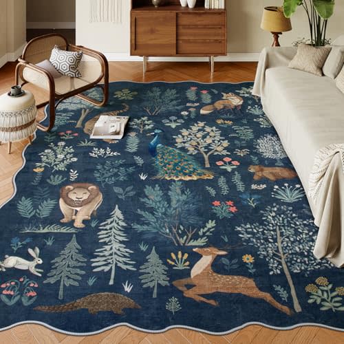 Jungle Animal Area Rug 6x9, Washable Non Slip Rug for Living Room Ultra-Thin Dining Room Rugs for Under Table, Boho Print Indoor Blue Carpet for Bedroom Nursery Office (Blue, 6'x9')