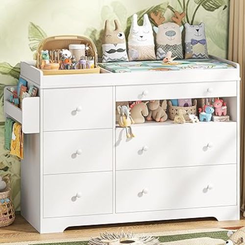 Vabches Kids Dresser Cabinet with 6 Drawers, Changing Table for Nursery with Open Shelves, Multi-Functional Chest of Drawers, Kids Bedroom Furniture, Nightstand for Children's Room, White
