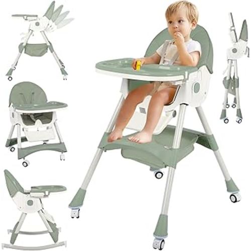 6 in 1 High Chair for Babies and Toddlers Portable Folding Baby Feeding Chair with Wheels and Footrest,Adjustable Height and Backrest Multi-Functional Highchair for Home and Travel