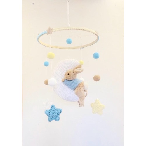 Peter Rabbit Beatrix Potter Theme Hand Crocheted Moon & Stars Baby Cot Nursery Mobile