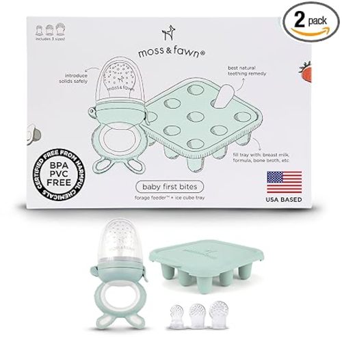 Moss and Fawn Baby's First Bites Bundle - Silicone Frozen Breast Milk Popsicle Kit with Forage Feeder & Teething Popsicle Ice Cube Tray - BPA, PVC, & Lead-Free - Fern