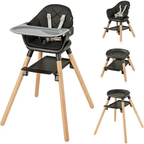 BABY JOY Baby High Chair, 6 in 1 Convertible Wooden High Chair for Babies & Toddlers with Adjustable Legs, Double Removable Tray, Safety Harness & Waterproof PU Cushion (Black)
