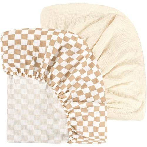 DILIMI Muslin Crib Sheets for Baby Boys and Girls, 2 Packs Ultra-Soft Breathable Baby Crib Sheet for Standard Crib and Toddler Mattress, Beige and Brown Checkered