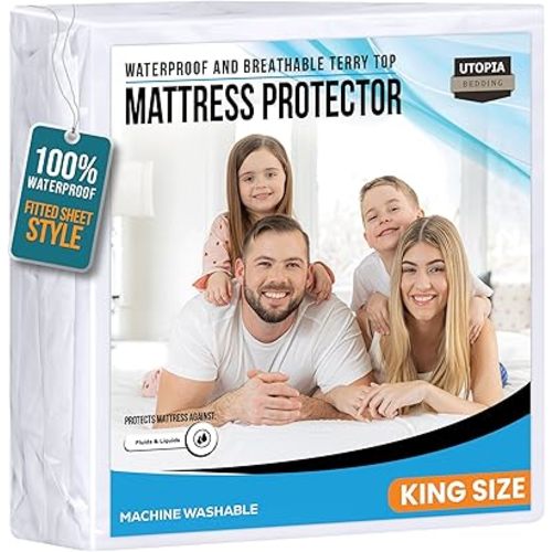 King Size Mattress Protector Waterproof, Premium 200 GSM Terry Mattress Cover, Soft & Breathable Bed Cover, Fitted Sheet Style Stretchable Deep Pockets 17" by Utopia Bedding (White)