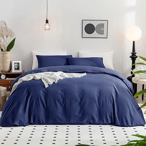 JELLYMONI Cotton Duvet Cover California King - 100% Washed Cotton Linen Feel Textured Comforter Cover, 3 Pieces Soft Bedding Set with Zipper Closure (Navy Blue, Cal King 104"x98")
