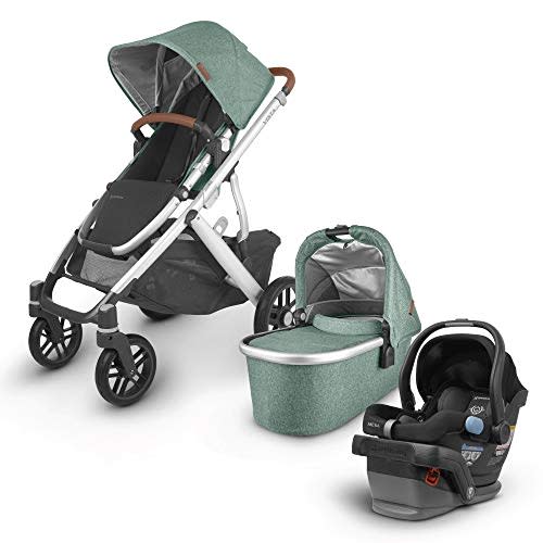 UPPAbaby Vista V2 Stroller - Emmett (Green Melange/Silver/Saddle Leather) + Mesa Infant Car Seat - Jake (Black)