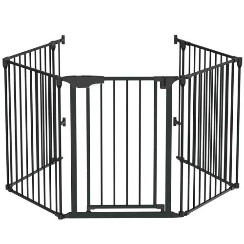 Bonnlo 120 Inches Wide Configurable Baby Gate, Fireplace Safety Fence/Guard, Adjustable 5-Panel Metal Play Yard for Toddler/Pet/Dog, Christmas Tree Fence, Includes 4 Pack of Wall Mounts, Black