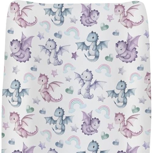 Fairytale Dragon Love Stars Rainbow Changing Pad Cover for Baby Girls Boys Cute Dragons Purple Pink Fitted Change Table Pad Covers Mats Fantasy Animal Soft Diaper Changing Pad Sheets 32''×16''