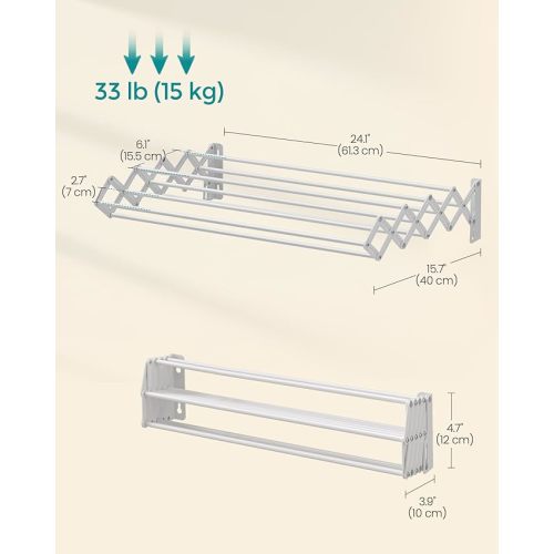 SONGMICS Clothes Drying Rack, Wall-Mounted Drying Rack Clothing, Accordion Laundry Rack, 9 Staggered Hanging Rods, Expandable and Retractable, Steel, Cloud White ULLR806W01