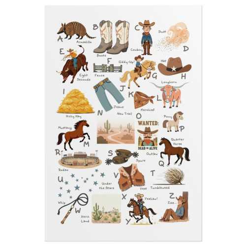 Cowboy Alphabet Print, Baby Boy Western ABC Print, Nursery Wall Art, Kids Rodeo Horse Riding Playroom Poster, Baby Shower Gift for Kids Room