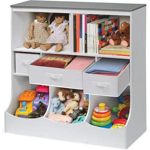Badger Basket Combo Bin Toy Storage Unit and Book Shelf for Kids with 3 Baskets - White/Gray