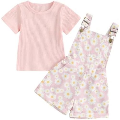 Toddler Baby Girls Summer Outfit Short Sleeve Ribbed Tops + Flower Suspender Overalls Shorts Set Kids Cute Clothes