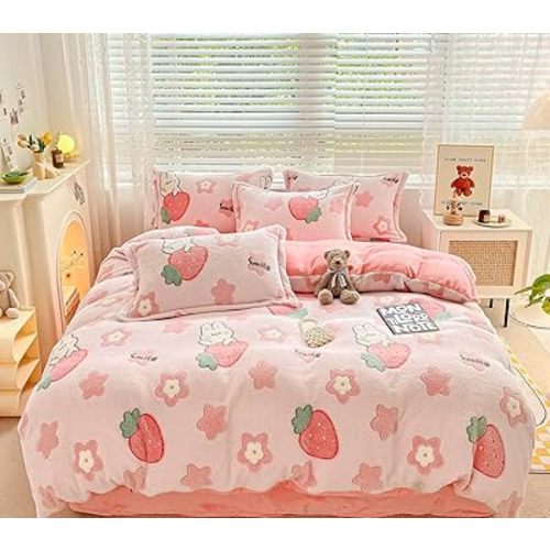 Twin Duvet Cover, Pink Strawberry Duvet Cover Set, Super Soft Kawaii Bedding Sets Cute Rabbit Fluffy Comforter for Girls Kids Teen Women with Zipper Closure & Corner Ties