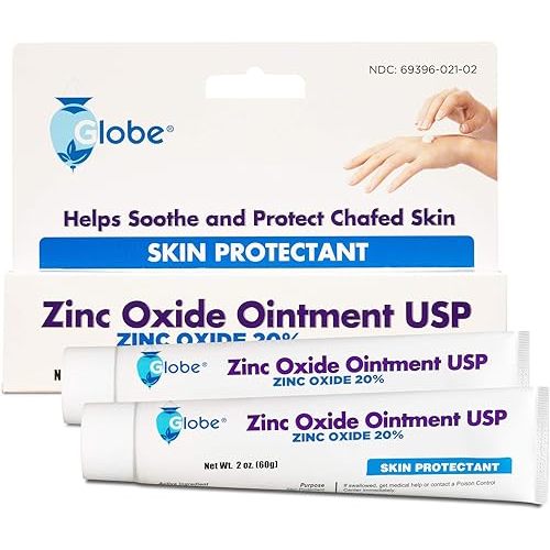 (2 Pack) Globe Zinc Oxide Ointment 20%, 2 Ounce Tube (Total 4 oz) Advanced Skin Protection, For Diaper Rash, Relief From Poison Ivy, Sumac & Oak, Protects From Wetness, Protects Chafed Skin