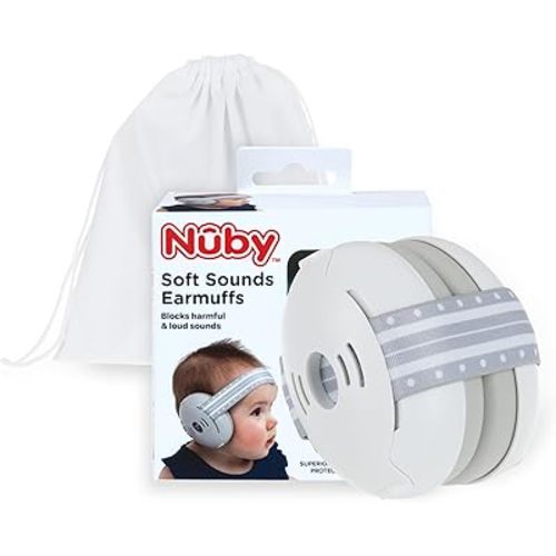 Nuby Soft Sounds - Adjustable Baby Earmuffs for Protection Against Loud Noises, Ideal for Air Shows, Fireworks, In-Flight Travel, and More! White Only.