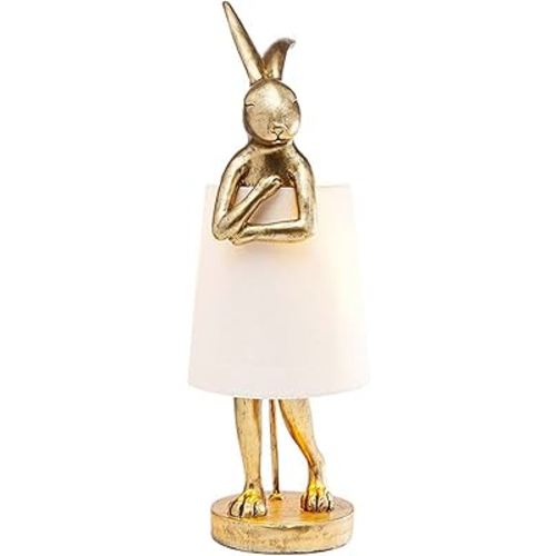 Cute Rabbit Animal Table Lamp, Creative Gold Resin Apron LED Desk Light,White Linen Shade,15.7", Home Decor Eye Protection Lamp Office Study Bedside Lamp (15.7" White Shade)