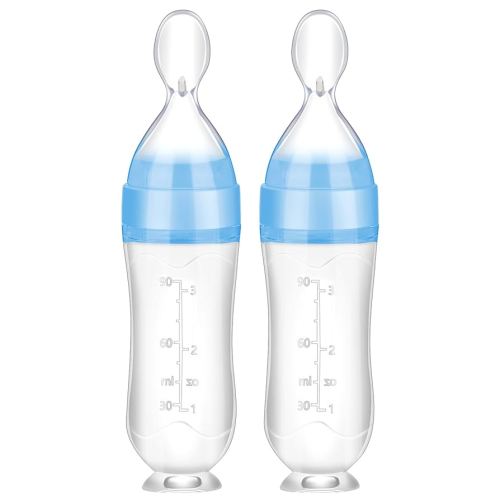 Nuanchu Baby Spoons 2 Pack Silicone Baby Food Feeder 3 oz Squeeze Feeding Spoon Toddler Dispensing Feeder Suction Cup Design Travel Friendly for Kids Toddlers Boys Girls(Blue)