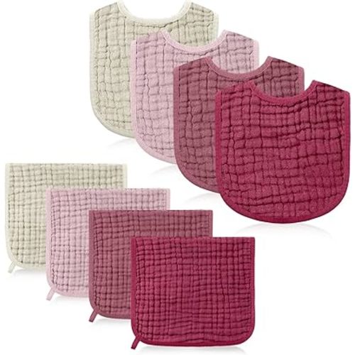 Tallew 8 Pack Baby Burp Cloth Sets with Muslin Burps and Bibs Washable Reusable Waterproof Soft Rags for Unisex Newborn Toddler Baby Boys and Girls Drooling Teething, 20 x 10 Inch(Dark Pink)