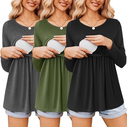 Ekouaer Women's Nursing Tops Long Sleeve Nursing Shirts Double Layer Maternity Clothes 3 Packs Breastfeeding Shirts