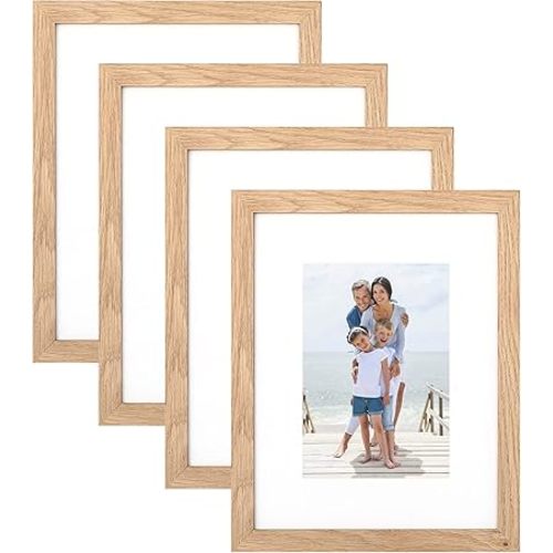 ATOBART 8x10 Picture Frame Set of 4, Made of Perspex Glass, Display Picture 5x7 with Mat or 8x10 without Mat, Wood Grain Photo Frame for Wall Mounting or Tabletop Display for Birthday Christmas Gifts