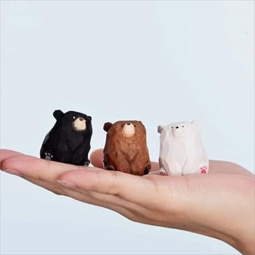 Small Carved Wooden Bears Figurines, 3PCS Handmade Brown Polar Black Bears Sculpture Craft Set, 1.4" Cute Bear Statues Home Decor Art Carving Work
