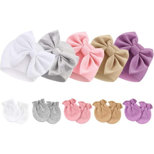 Dalrosia Newborn Baby Hats and Mittens Set Infant Bow Beanie Cap Toddler Gloves Newborn Hospital Hats for Baby Boy Girl 0-6 Months