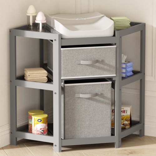 KORIMEFA Children Changing Table with Pad, Corner Diaper Changing Table with Laundry Hamper, Storage Bin, Contoured Pad for Baby - Gray