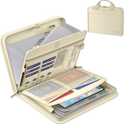 ENGPOW Accordion File Organizer,Fireproof Expanding File Folder with Multi Pockets,13 Pockets Document Organizer Bag with Handle & Labels,Portable Home Travel Safe Storage for Letter A4 Files,Beige