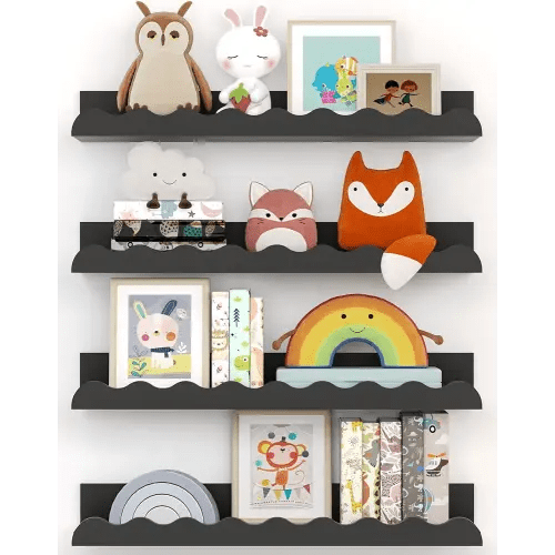 Kids' Bookshelf Set of 4 - Black Floating Nursery Book Shelves, Picture Ledge Shelf for Wall Decor and Storage - Perfect for Books, Toys, Photo Frames, and Nursery Décor
