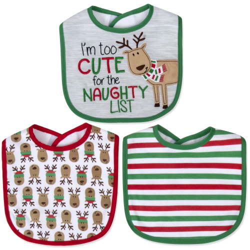 Baby Essentials 3 Pack Embroidered Reindeer and Striped Print Christmas Bib Set for Newborns and Infants for Christmas, Holiday, Celebrations, Family Gatherings, Feeding and Photos