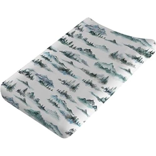 Watercolor Misty Forest Painting Baby Changing Table Pad Covers for Boy Girl 32''x16'' Woodland Mountain Foggy Fitted Changing Table Sheets Soft Breathable Diaper Changing Table Mats Covers
