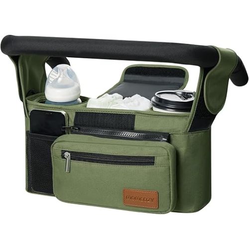 Momcozy Universal Baby Stroller Organizer, 2 Insulated Cup Holder, Detachable Zippered Pocket, Adjustable Shoulder Strap, Large capacity for baby essentials, Compact Design Fits Any Strollers