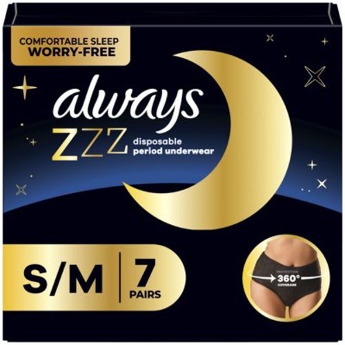 Always ZZZ Overnight Disposable Period Underwear Size S/ M, (Pant Size 4-10) 7 Count