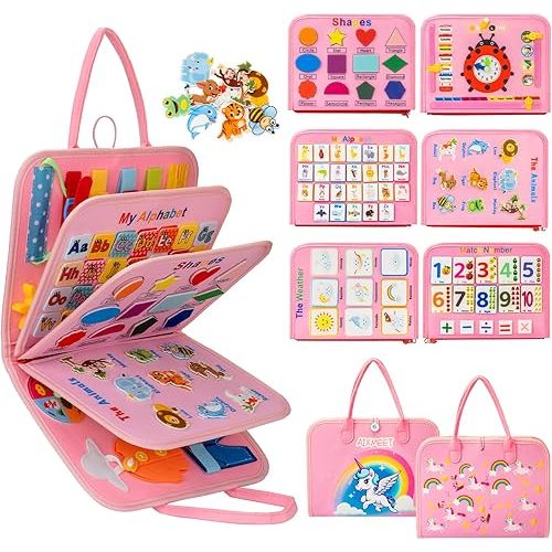 AIXMEET Toddler Montessori Toys, Sensory Busy Book, Busy Board for Toddlers 1234 Years Old, Preschool Learning Activities with Life, Shape, Color, Animal, Weather, 8 Pages (Pink)