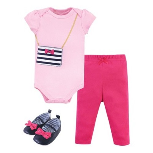 Little Treasure Baby Girl Cotton Bodysuit, Pant and Shoe 3pc Set, Navy Pink Purse, 0-3 Months
