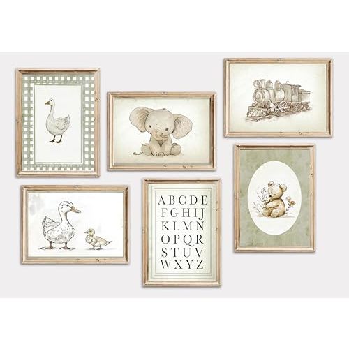 6Pcs Vintage Sage Green Nursery Wall Art Cute Teddy Bear Duck Elephant Painting Picture Wall Decor Adorable Animal Train Alphabet Nursery Poster Print Artwork for Kids Playroom Bedroom Home Decoration