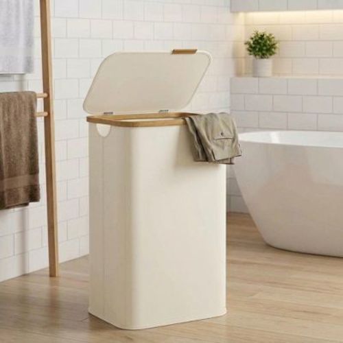 SONGMICS Laundry Hamper, Laundry Basket with Lid, Foldable Storage Basket, Bamboo Frame, Oxford Fabric, 26.4 Gal. (100 L), Cream White