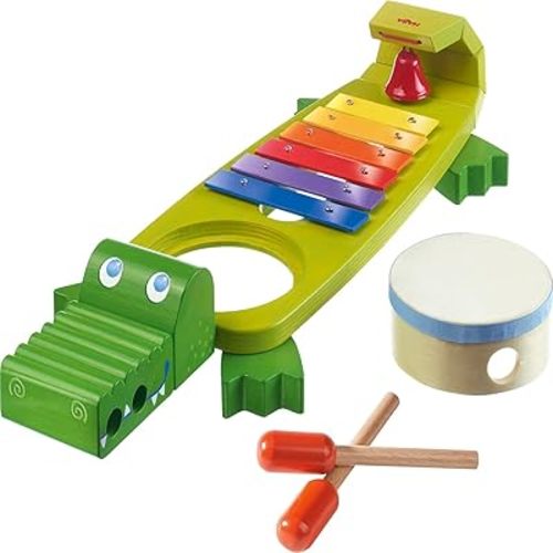 HABA Wooden Musical Instrument Set – Symphony Croc 5-in-1 Toddler Instruments with Drum, Xylophone, Guiro, Bell & Mallets – Musical Toys for Preschool Learning & Sensory Play for Kids Ages 2+