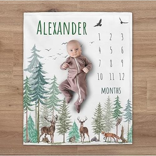 Woodland Milestone Blanket, Custom Forest Anmals Boy Blanket, Personalized Deer Baby Month Blanket, Newborn Gift HHQ63_BLKBB02_12