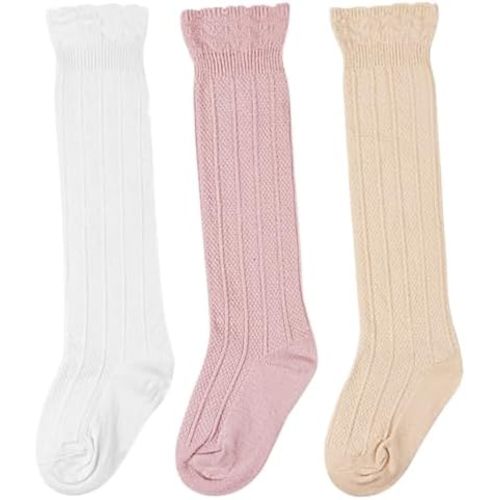 DRESHOW BQUBO Baby Girls Knee High Socks Infants Toddlers Kids Ruffled Socks Uniform Dress Socks Knit Cotton Long Stockings