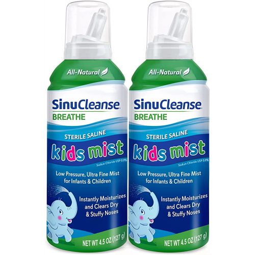 SinuCleanse Sterile Saline Kids Mist Instantly Moisturizes and Relieves Nasal Congestion, Safe for Newborns and Up, 4.5 oz Bottle (Pack of 2), Clear