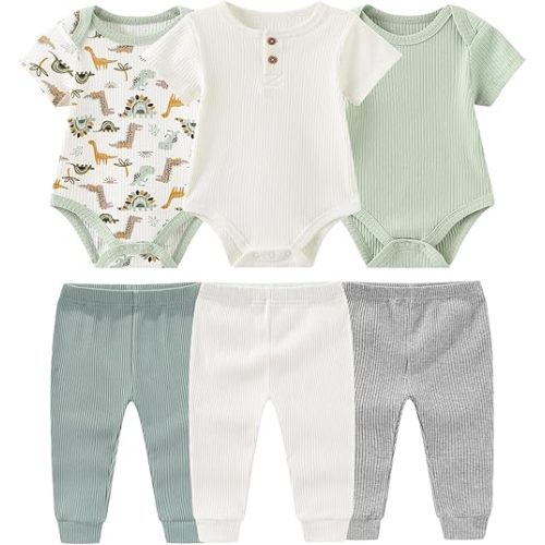 Baby Bodysuit and Pant Set 6-pcs Ribbed Soft Infant Boy Girl Clothes Outfits