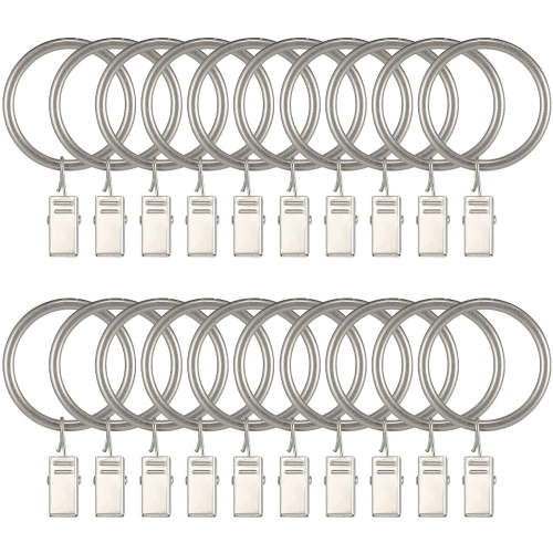 1.5 inch Curtain Hooks, 20 Pcs Curtain Rings, Rustproof Curtain Rings with Clips, Metal Solid Curtain Clips with Rings, Decorative Vintage Drapes Rings for Drapes (Matte Nickel)