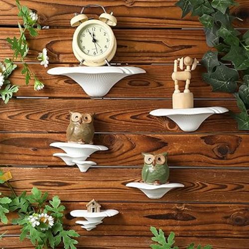 Pinkunn 5 Pack Mushroom Shelf Wall Decor White Mushroom Floating Shelves Cute Mushroom Wall Hanging Shelf Whimsical Cottage Core Decor for Home Bedroom Living Room Kitchen